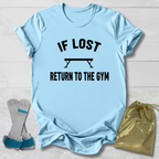 Light blue t-shirt with 'If lost, return to the gym' text, socks, and drawstring bag on a light wooden surface.