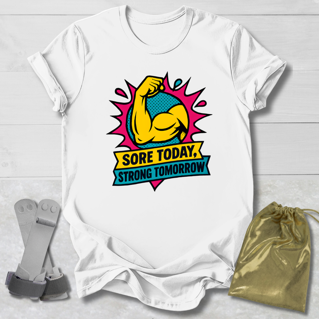 White t-shirt with a colorful graphic and text 'Sore Today, Strong Tomorrow' on a light wooden surface.