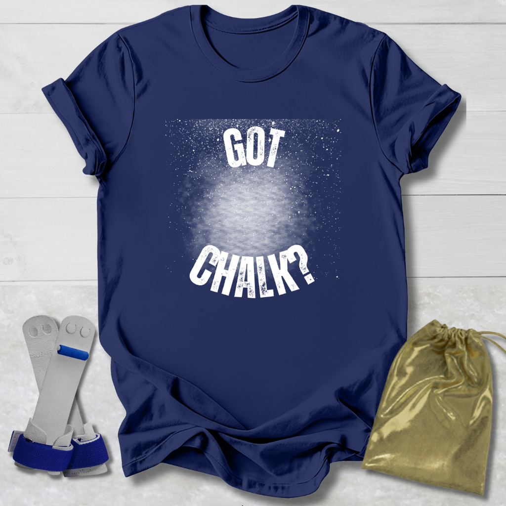 Navy blue t-shirt with 'Got Chalk?' text, socks, and drawstring bag on a light wooden surface