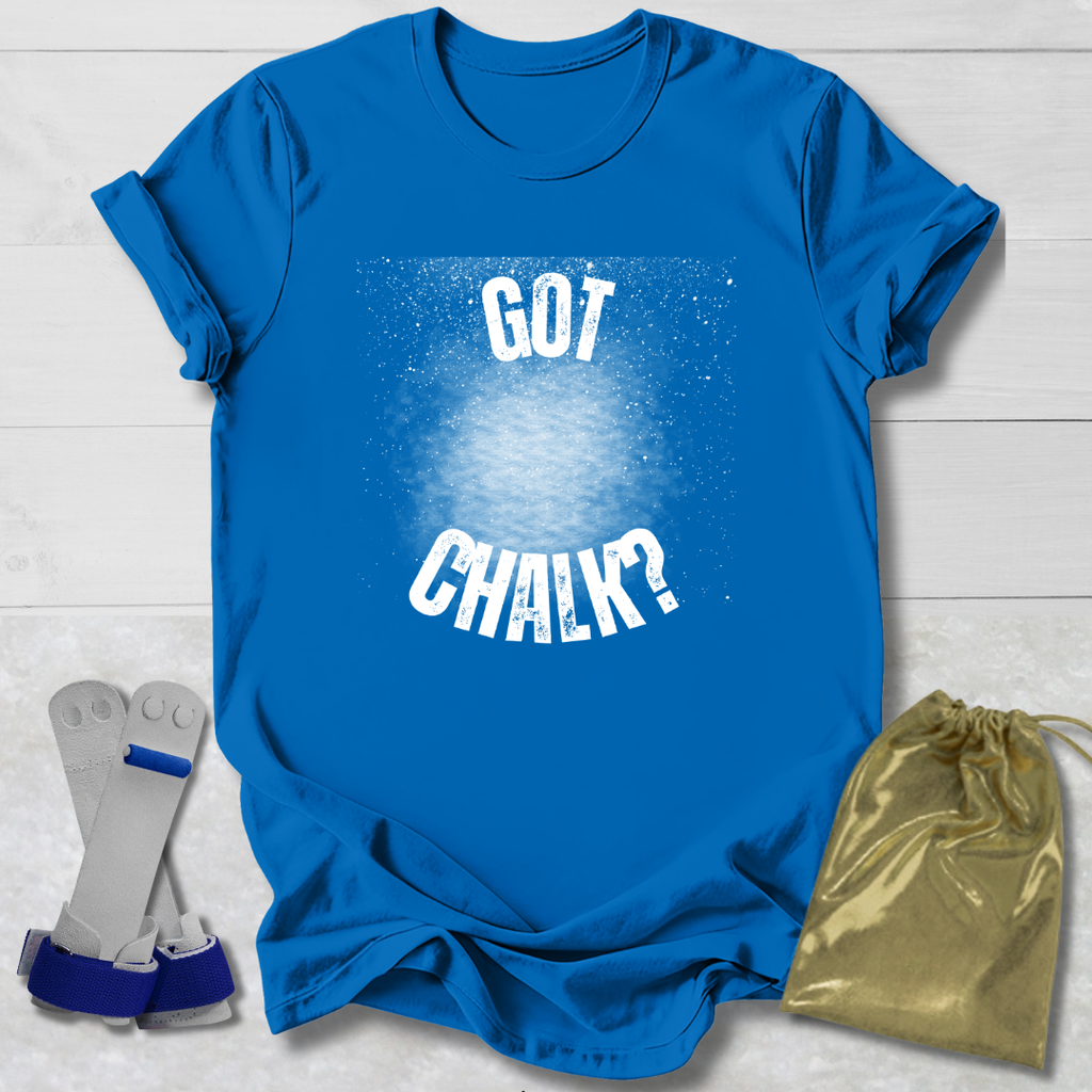 Blue t-shirt with 'GOT CHALK?' text, socks, and a drawstring bag on a light wooden surface.
