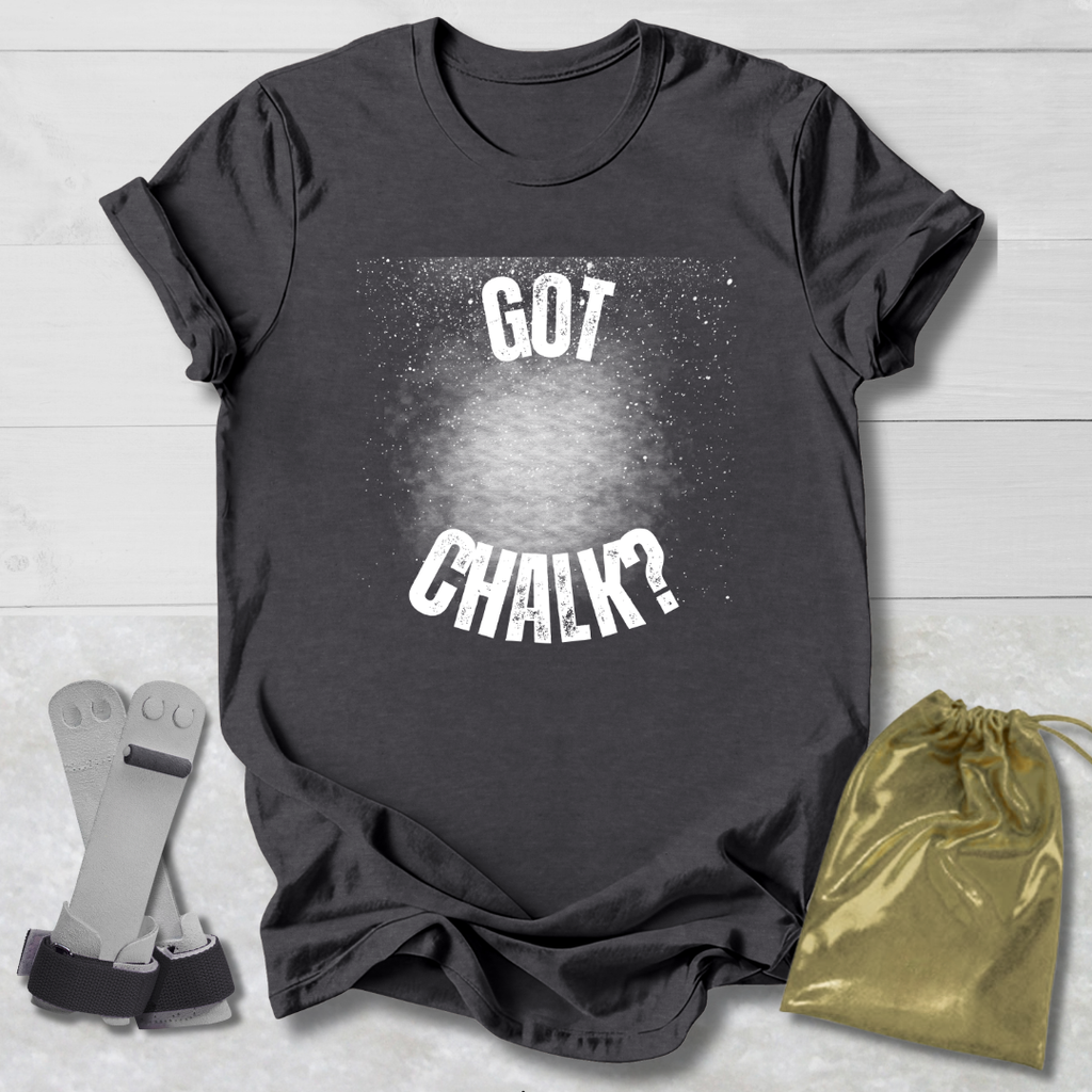 Gray t-shirt with 'Got Chalk?' text, chalk, and drawstring bag on a light wooden surface
