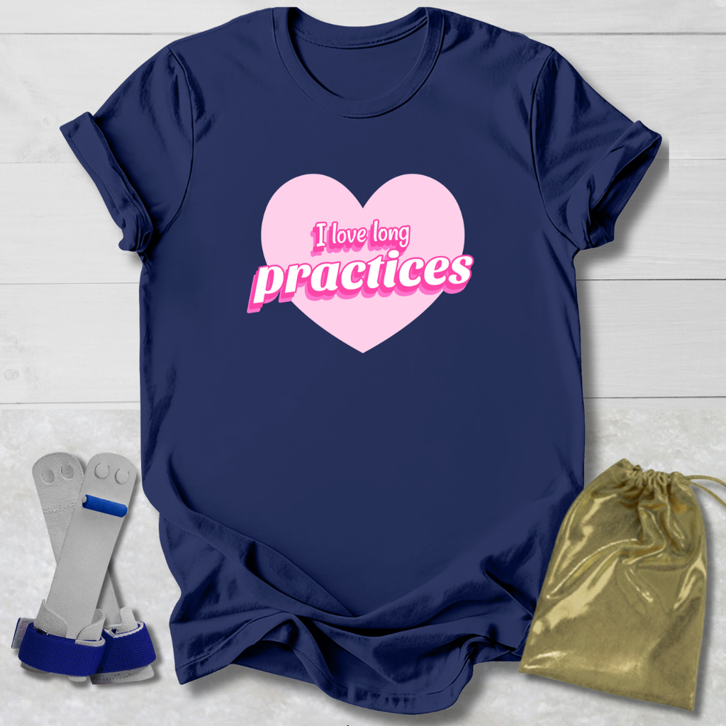 Navy blue t-shirt with pink heart  and I love long practices gymnast text, socks, and drawstring bag on a light wooden surface