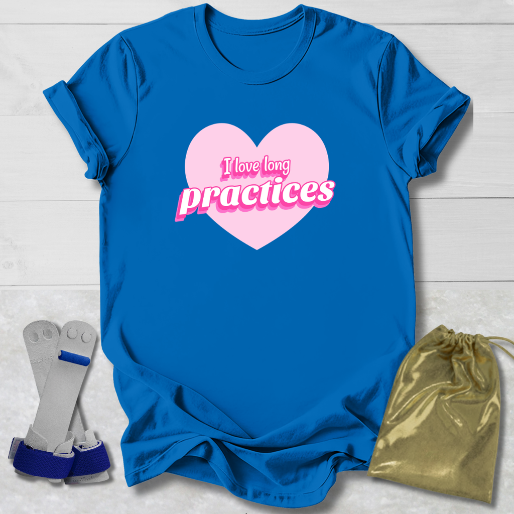Blue t-shirt with pink heart and I love long practices gymnast text, socks, and drawstring bag on a light wooden surface