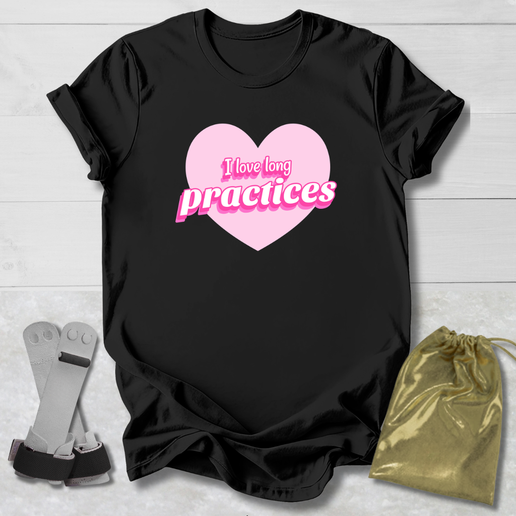 Black t-shirt with pink heart and I love long practices gymnast text, socks, and drawstring bag on a light wooden surface