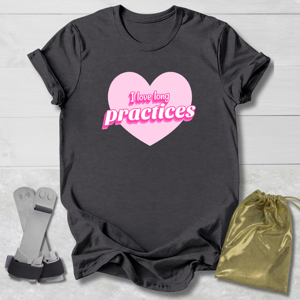 Gray t-shirt with pink heart and I love long practices gymnast text, socks, and drawstring bag on a light wooden surface