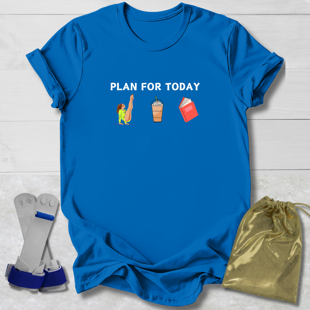 Blue t-shirt with 'Gymnast Plan for Today' text and icons, socks, and drawstring bag on a light wooden surface.