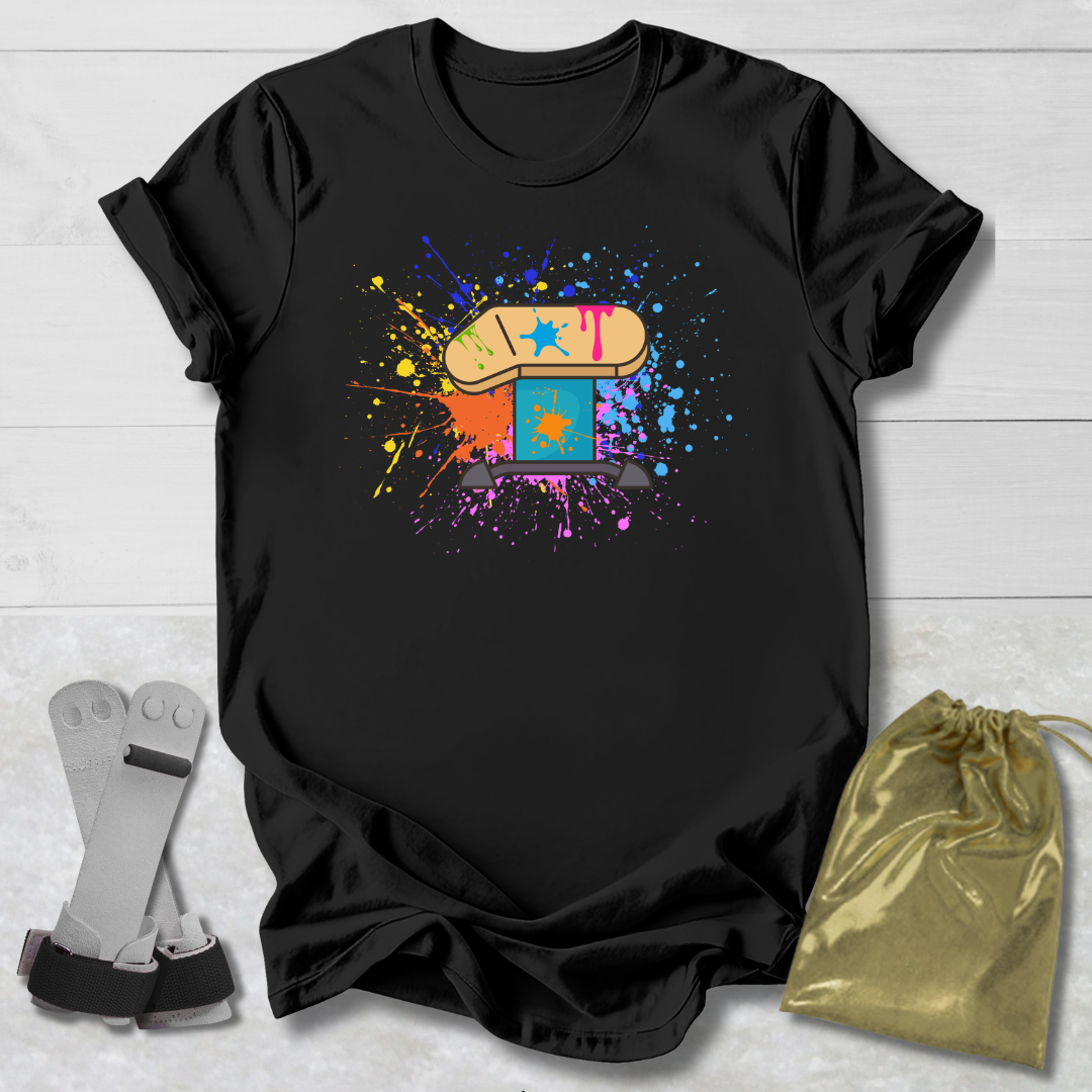 Black t-shirt with colorful graphic design on a light wooden surface, with socks and a drawstring bag in the foreground.