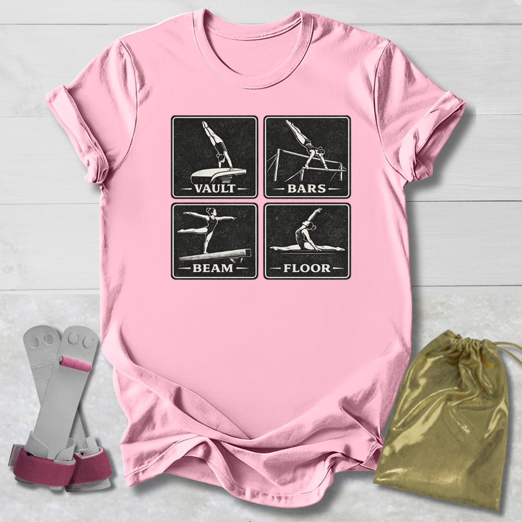 Pink t-shirt with gymnastics-themed design, socks, and drawstring bag on a light wooden surface.