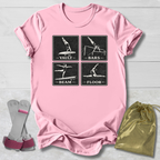 Pink t-shirt with gymnastics-themed design, socks, and drawstring bag on a light wooden surface.