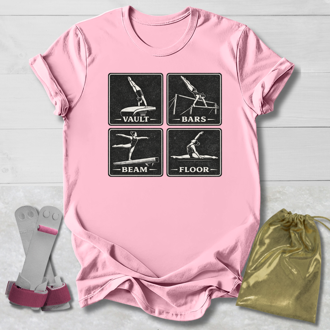 Pink t-shirt with gymnastics-themed design, socks, and drawstring bag on a light wooden surface.