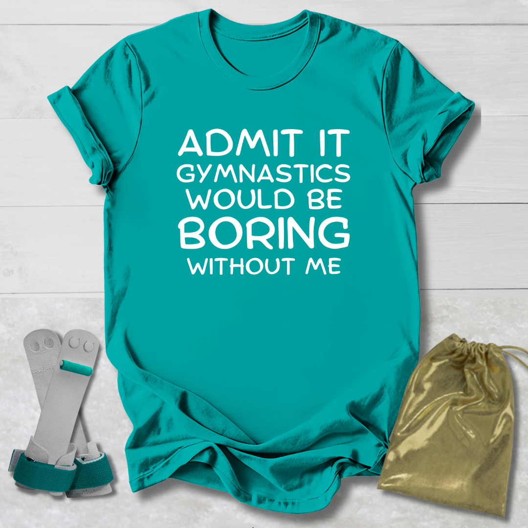 Teal t-shirt with humorous text, socks, and drawstring bag on a light wooden surface
