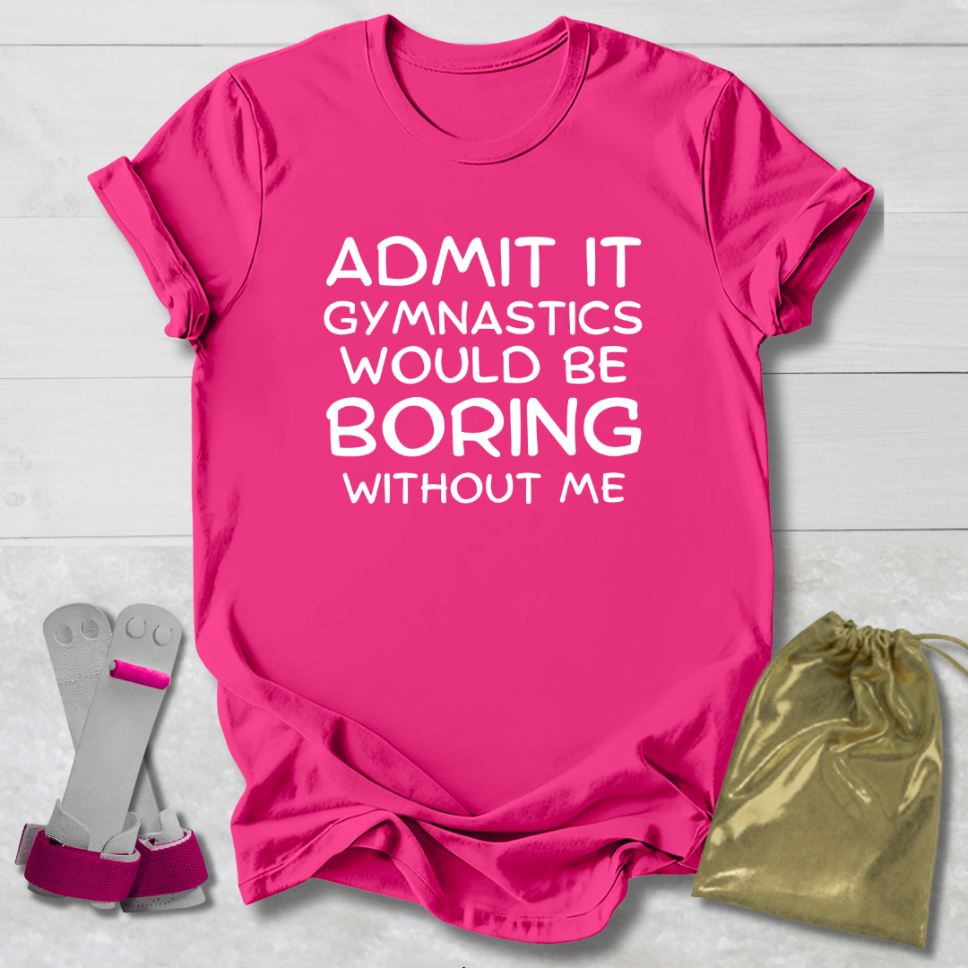 Pink t-shirt with text, socks, and drawstring bag on a light wooden surface