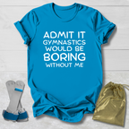 Blue t-shirt with humorous text, socks, and drawstring bag on a light wooden surface