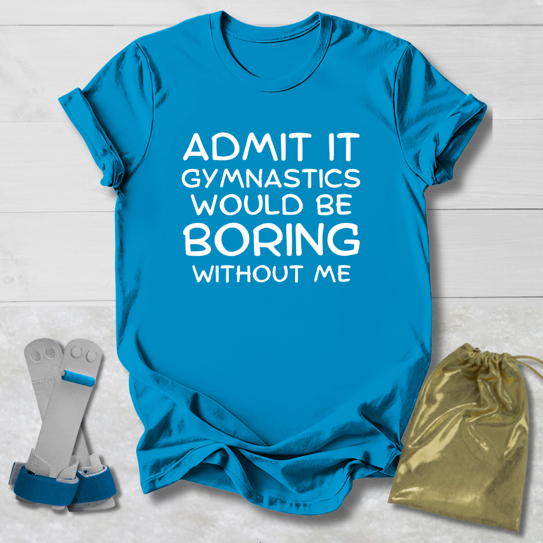 Blue t-shirt with humorous text, socks, and drawstring bag on a light wooden surface