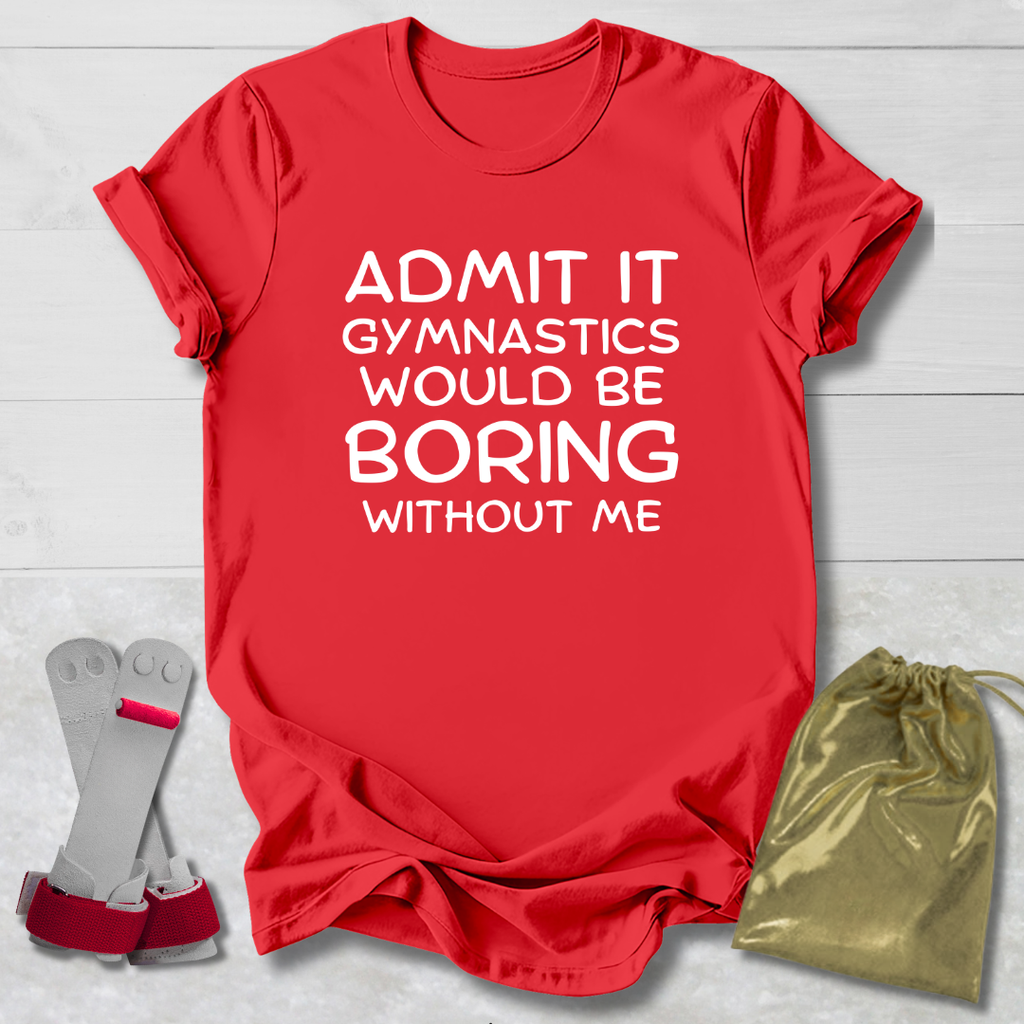 Red t-shirt with humorous text, socks, and drawstring bag on a light wooden surface