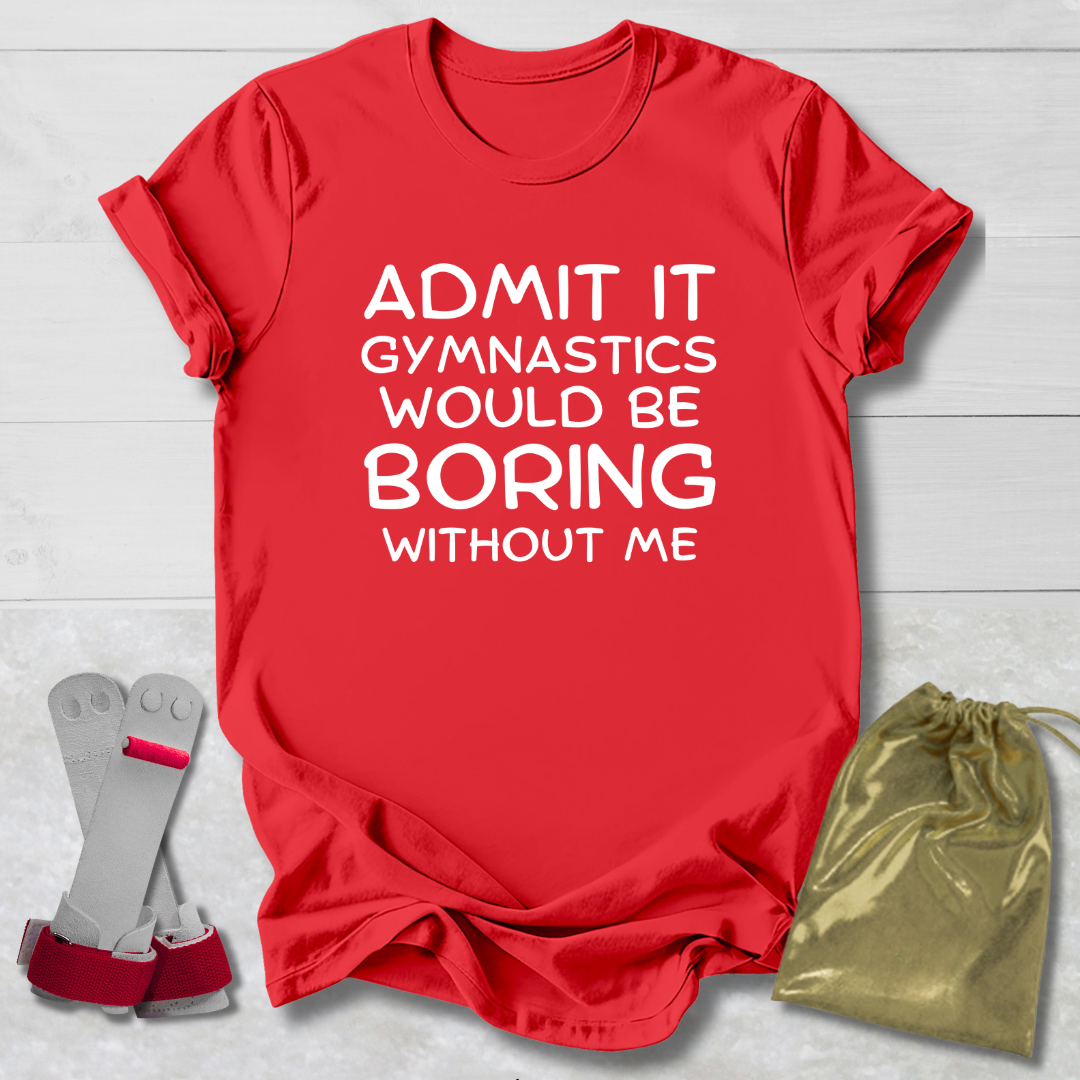 Red t-shirt with humorous text, socks, and drawstring bag on a light wooden surface