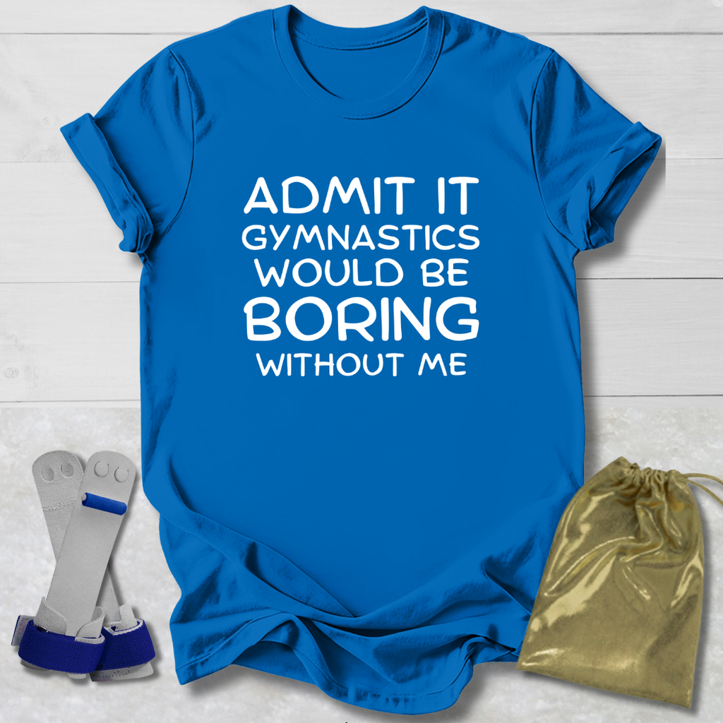 Blue t-shirt with humorous text, socks, and drawstring bag on a light wooden surface