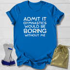 Blue t-shirt with humorous text, socks, and drawstring bag on a light wooden surface