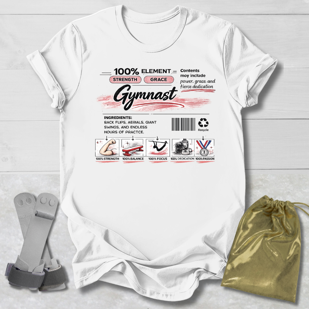 White t-shirt with gymnast-themed design on a light wooden surface, accompanied by gray socks and a gold drawstring bag.