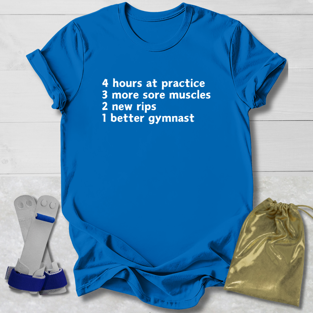 Blue t-shirt with text, socks, and drawstring bag on a light wooden surface