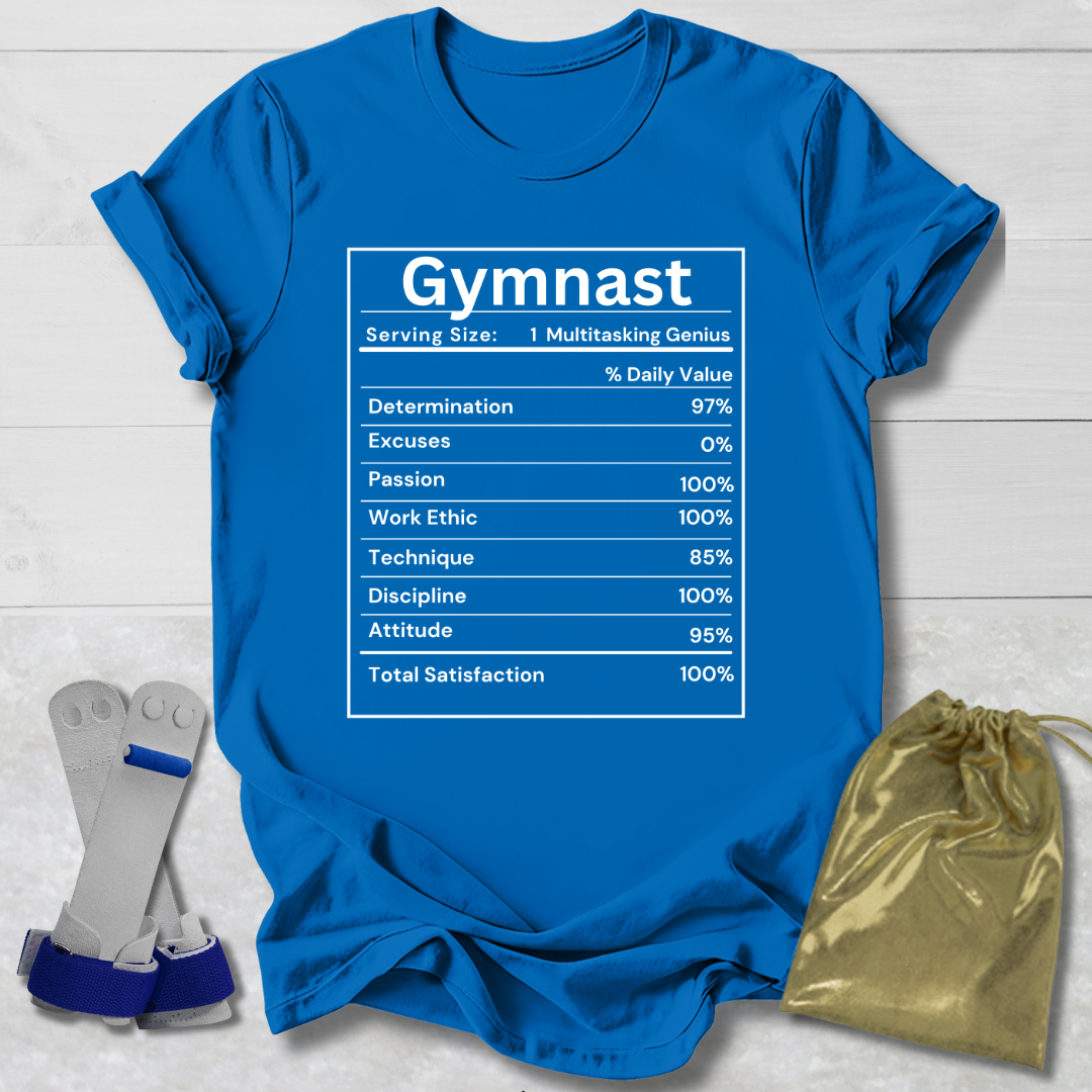 Blue t-shirt with 'Gymnast' graphic on a wooden surface with socks and a drawstring bag.