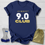 Navy blue t-shirt with 'Gymnast 9.0 Club' text, socks, and drawstring bag on a light wooden surface.