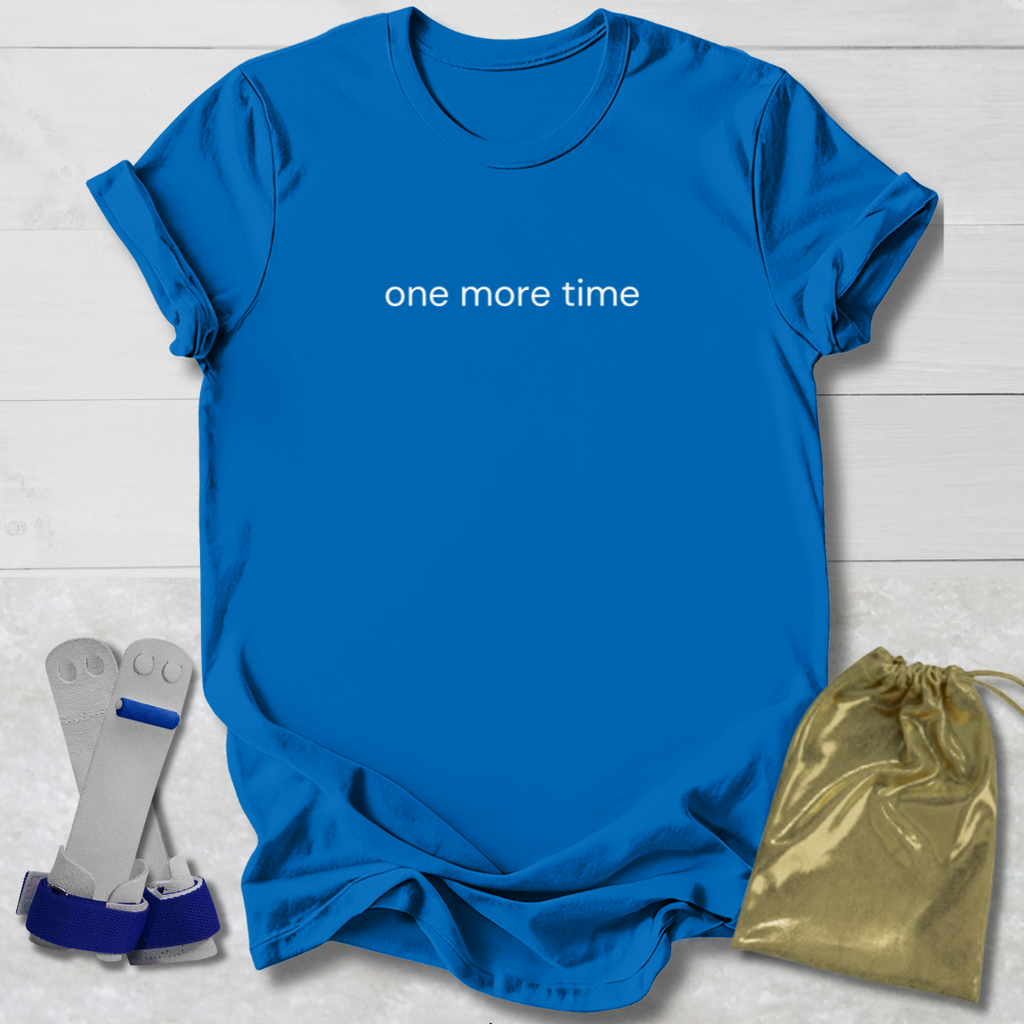 Royal blue t-shirt with 'one more time' text, socks, and a drawstring bag on a light wooden surface.