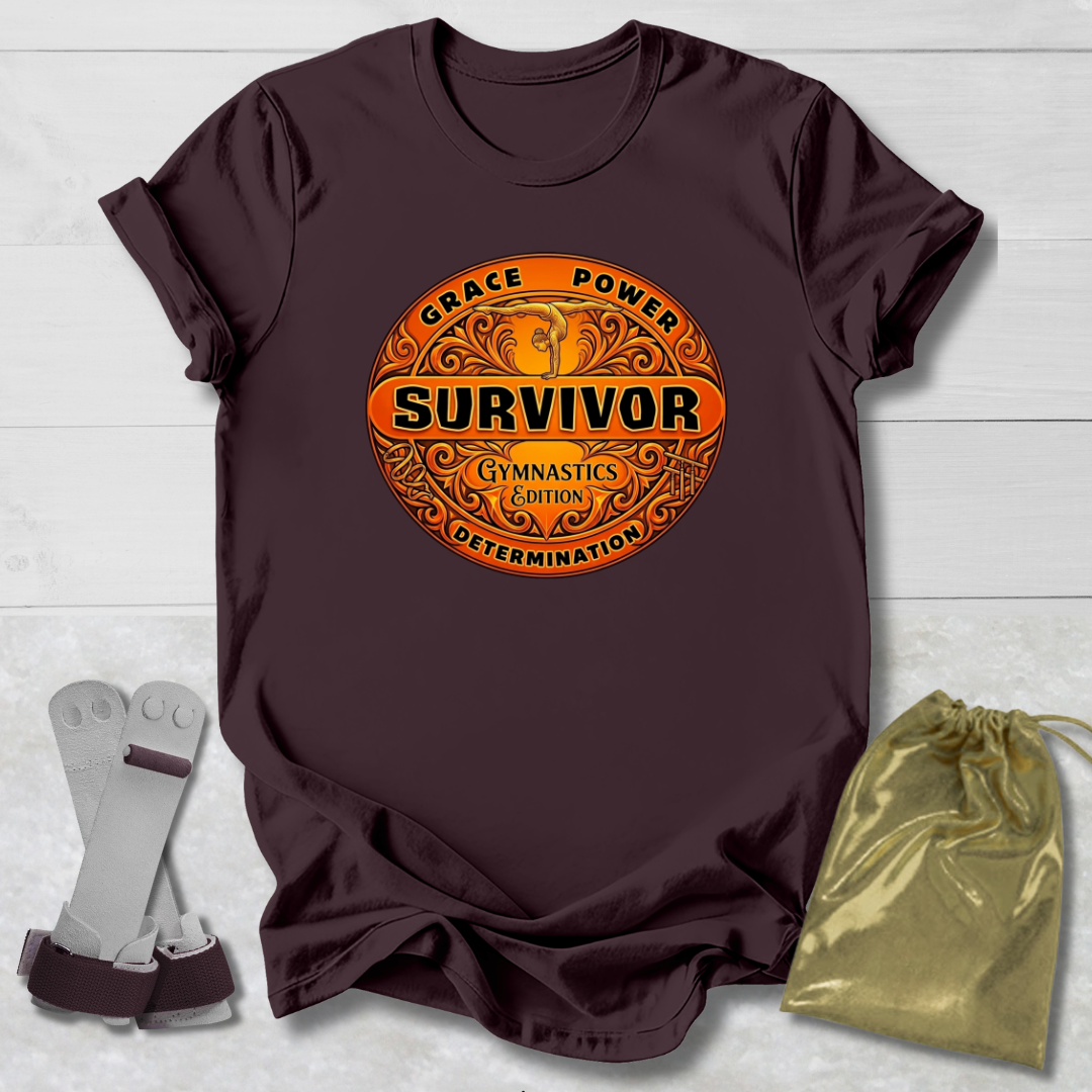 Brown t-shirt with 'Survivor' Gymnast Edition graphic design on a light wooden surface with socks and a drawstring bag.