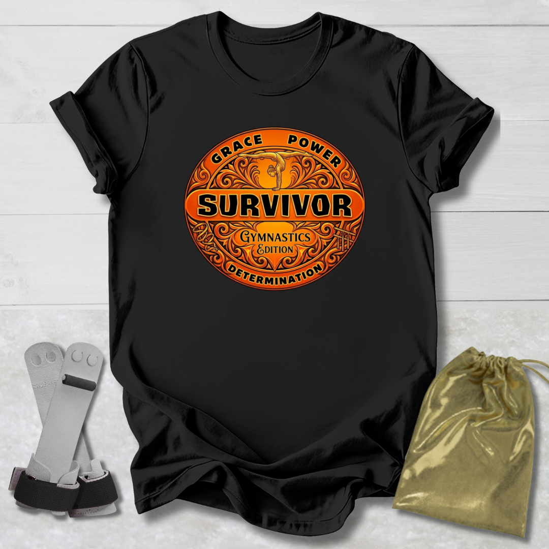 Black t-shirt with orange Survivor Gymnast Edition graphic design on a light wooden surface