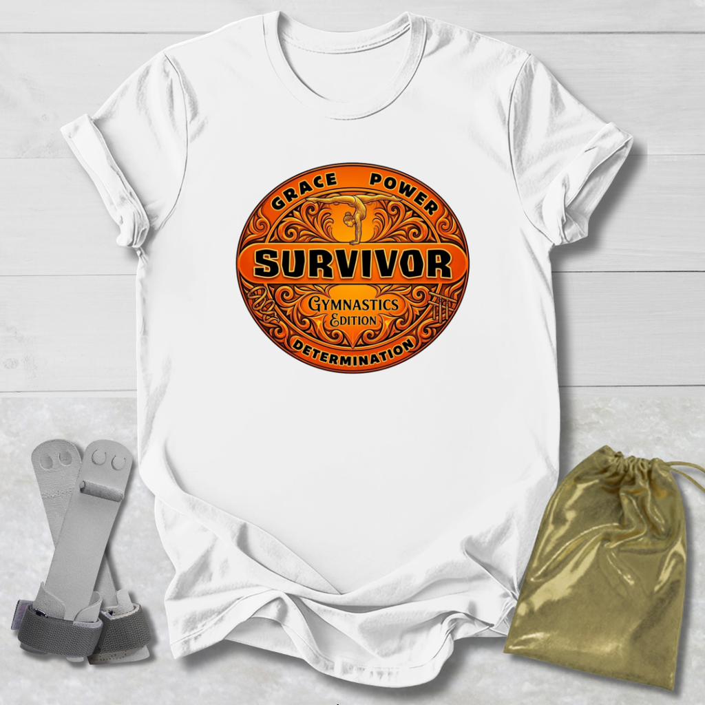 White t-shirt with a Survivor Gymnast Edition graphic design on a wooden surface with socks and a drawstring bag.