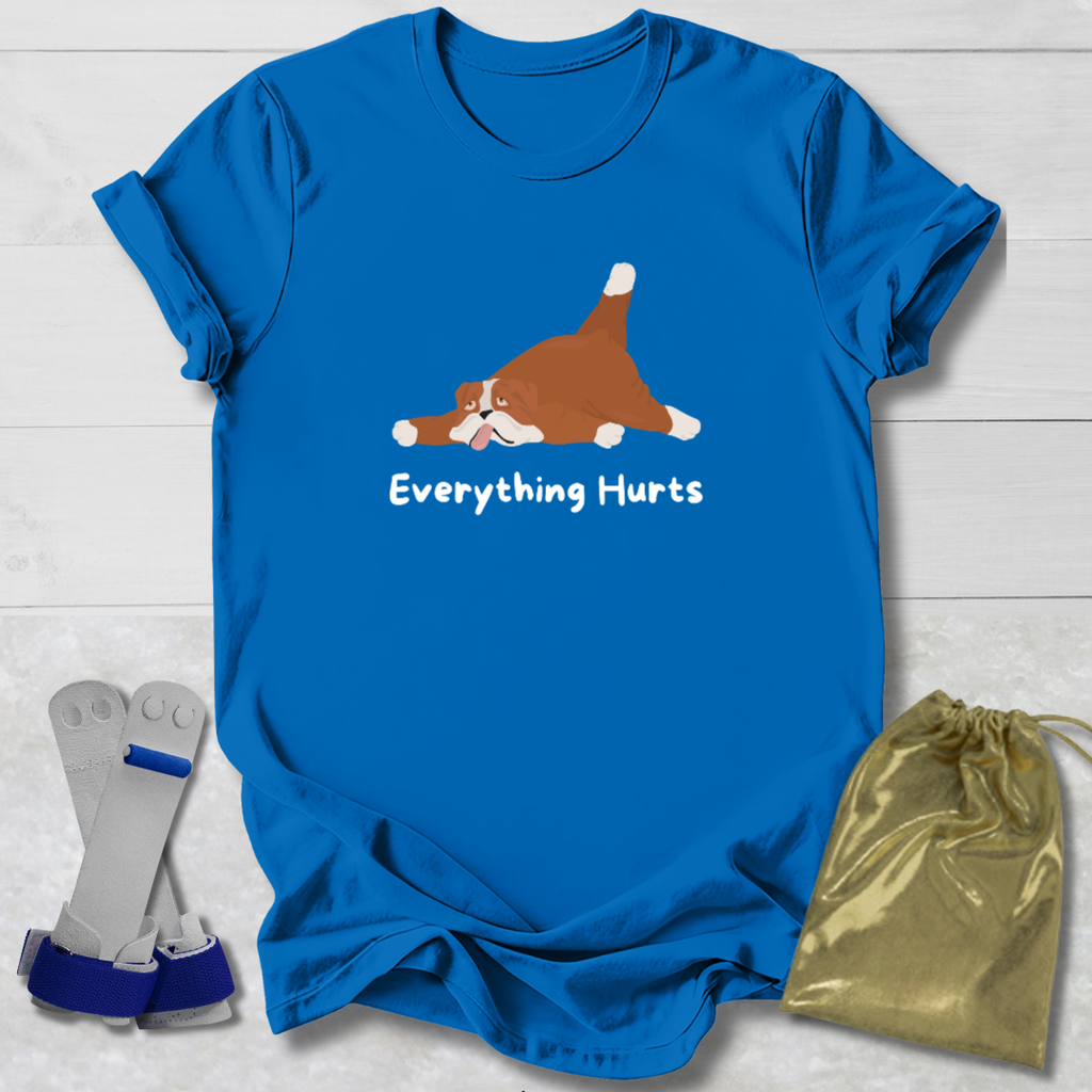 Blue t-shirt with a cartoon dog and 'Everything Hurts' text, displayed with socks and a drawstring bag on a light wooden surface.