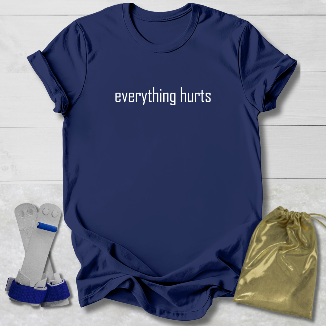 Navy blue t-shirt with 'GYMNASTICS Mom' text, socks, and drawstring bag on a light wooden surface.