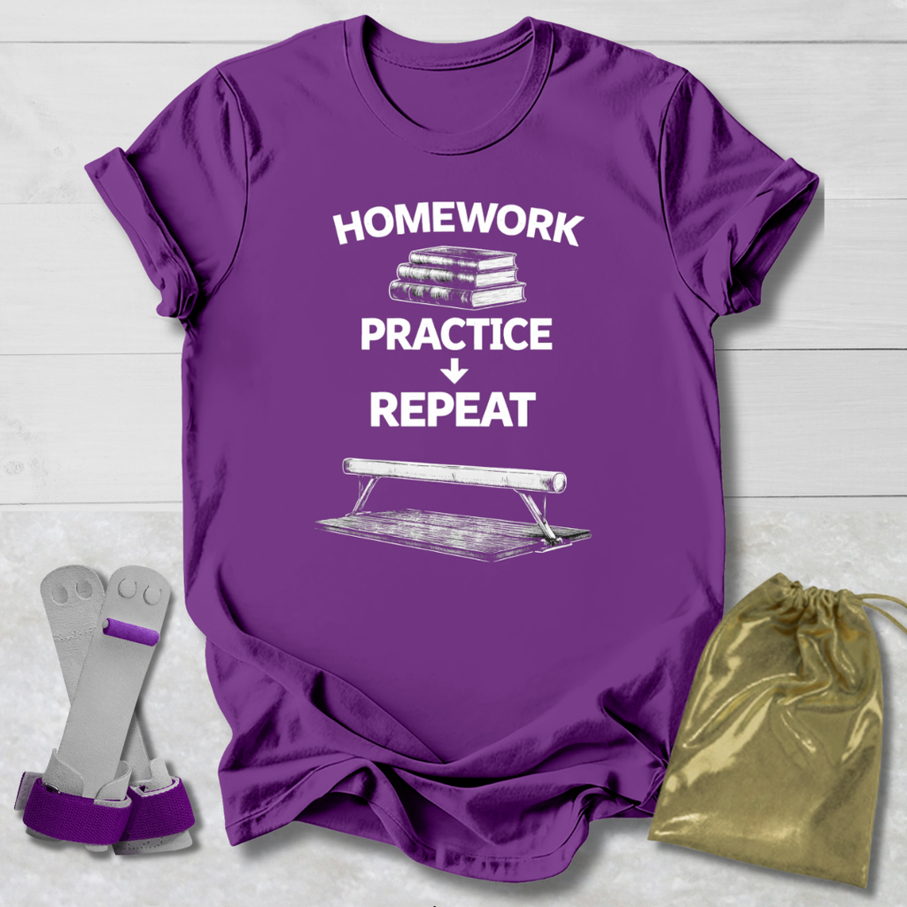Purple t-shirt with 'Homework Practice Repeat' text and graphic, socks, and drawstring bag on a light wooden surface.