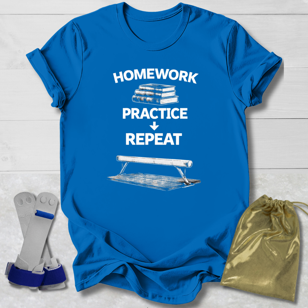 Blue t-shirt with 'Homework Practice Repeat' text and graphic, socks, and drawstring bag on a light wooden surface.