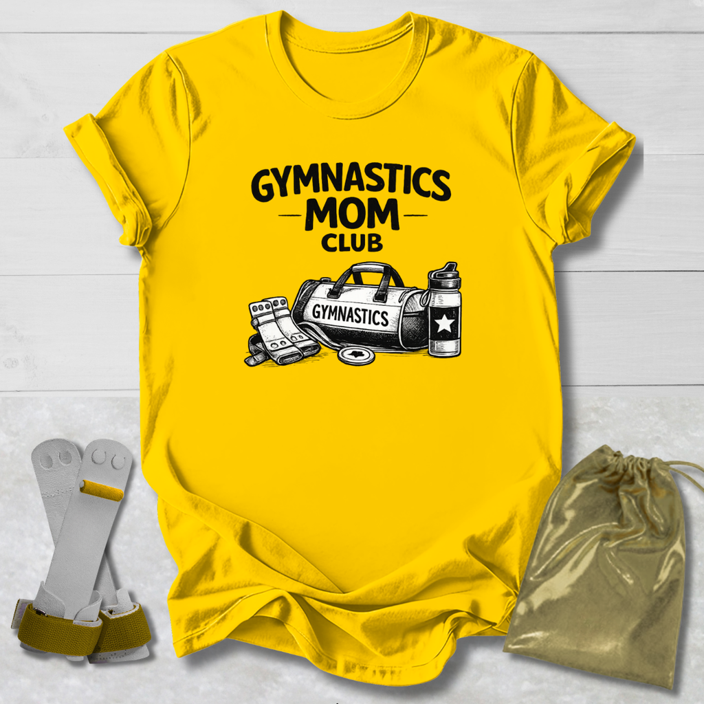 Yellow t-shirt with 'Gymnastics Mom Club' design on a light gray background