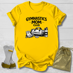 Yellow t-shirt with 'Gymnastics Mom Club' design on a light gray background