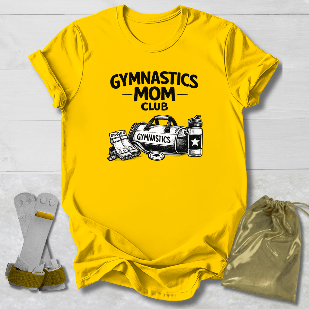Yellow t-shirt with 'Gymnastics Mom Club' design on a light gray background