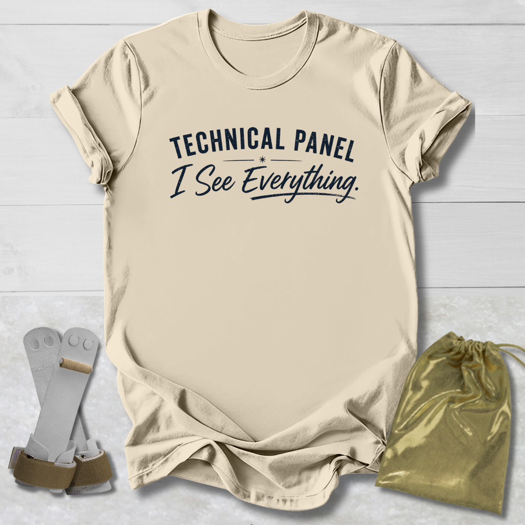 Beige t-shirt with 'Technical Panel I See Everything' text, socks, and drawstring bag on a light wooden surface.