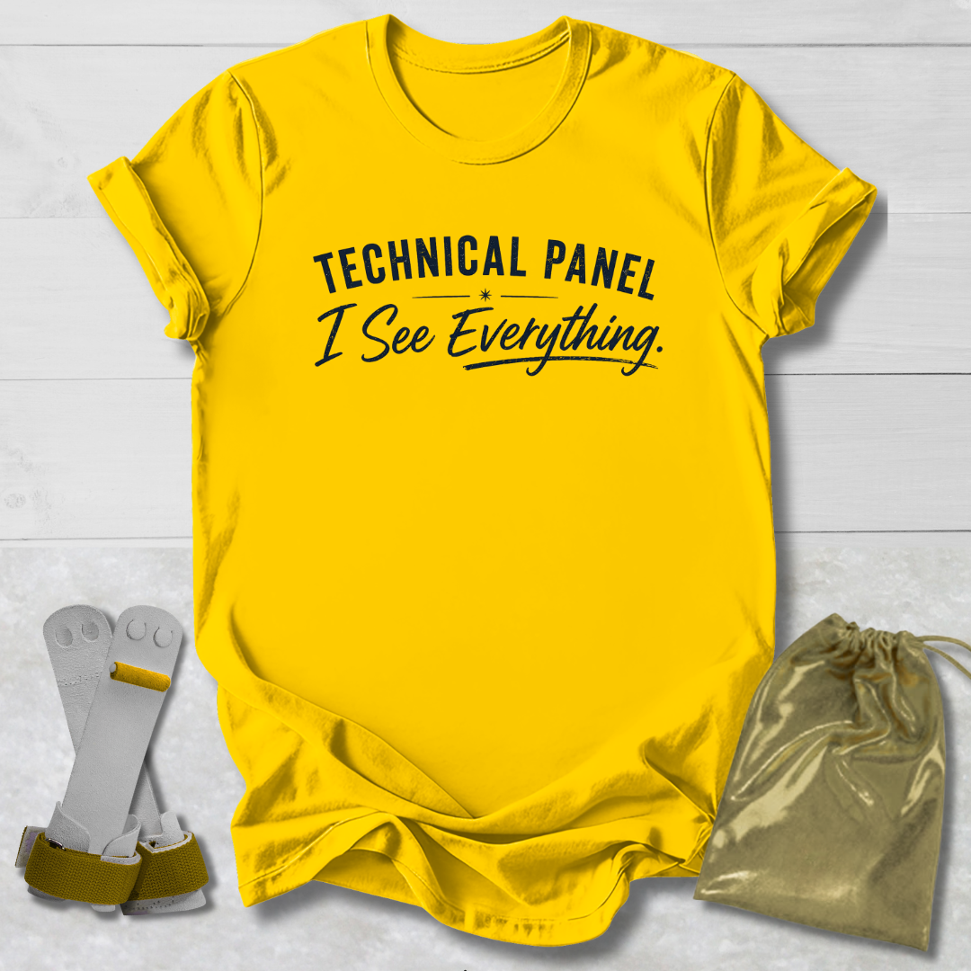 Yellow t-shirt with 'Technical Panel I See Everything' text, socks, and drawstring bag on a light gray background