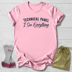 Pink t-shirt with 'Technical Panel I See Everything' text, socks, and drawstring bag on a light wooden surface.
