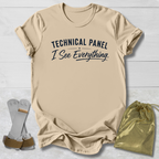 Beige t-shirt with 'Technical Panel I See Everything' text, socks, and drawstring bag on a light wooden surface.