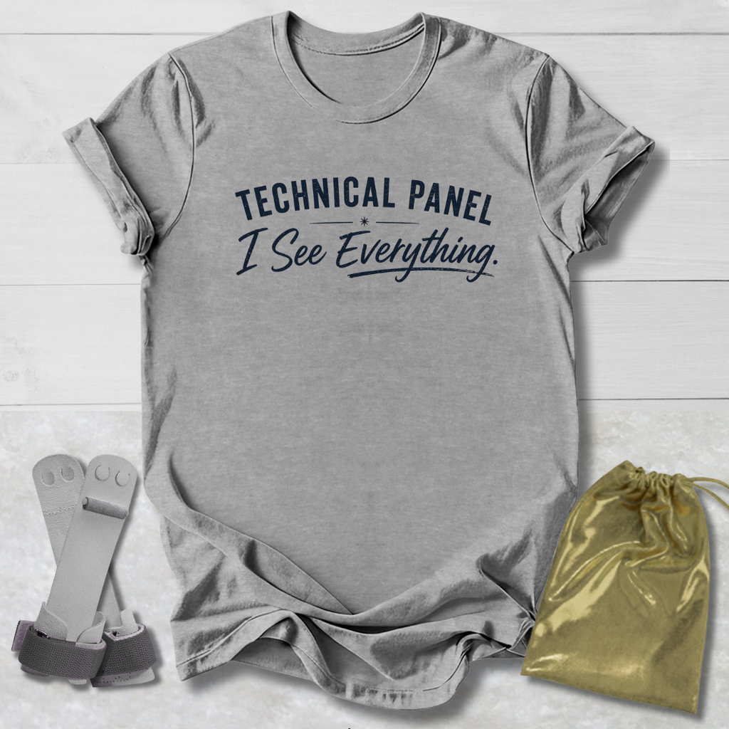 Gray t-shirt with 'Technical Panel I See Everything' text, socks, and drawstring bag on a light wooden surface.