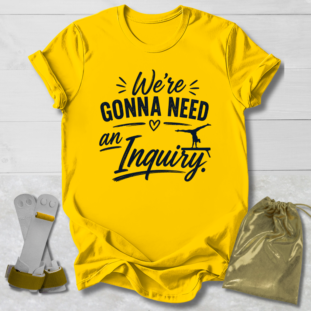 Yellow t-shirt with black text on a light gray background