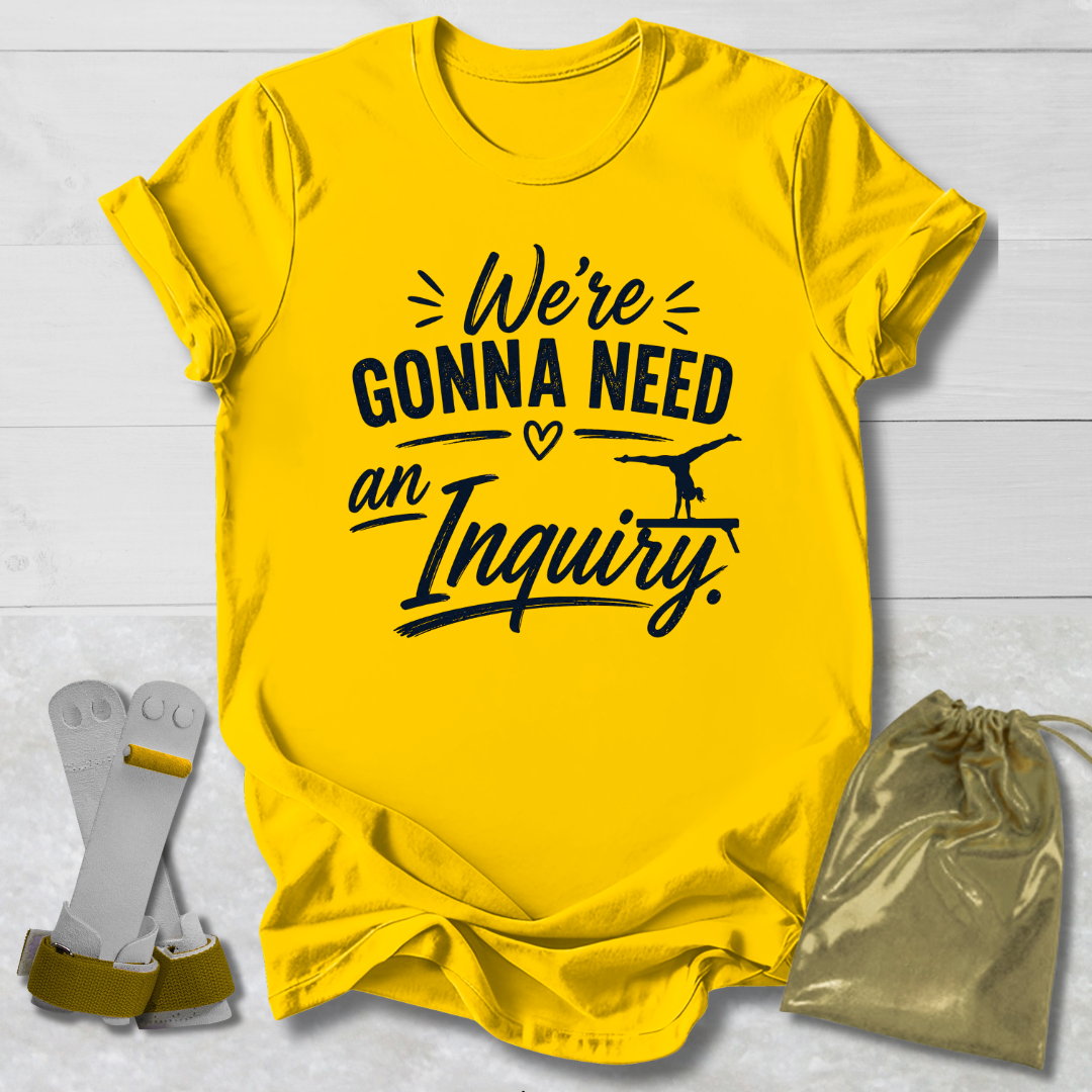 Yellow t-shirt with black text on a light gray background