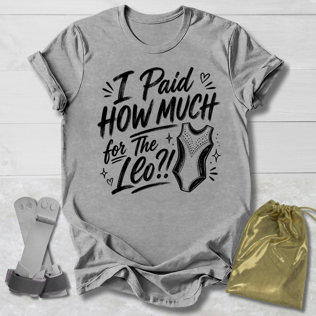 Mauve t-shirt with I paid how much for the gymnastics leotard?!  text and graphic, socks, and drawstring bag on a light wooden surface