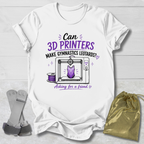White t-shirt with a graphic and Can 3D Printers make gymnastics leotards text about 3D printers and gymnastics leotards on a light wooden surface.