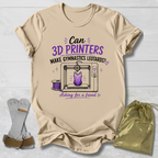 Beige t-shirt with a graphic and Can 3D Printers make gymnastics leotards text about 3D printers and gymnastics leotards on a light wooden surface.