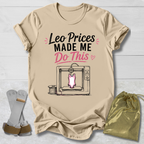 Beige t-shirt with graphic and Leotard prices made me do this gymnastics text on a light wooden surface, accompanied by socks and a drawstring bag.