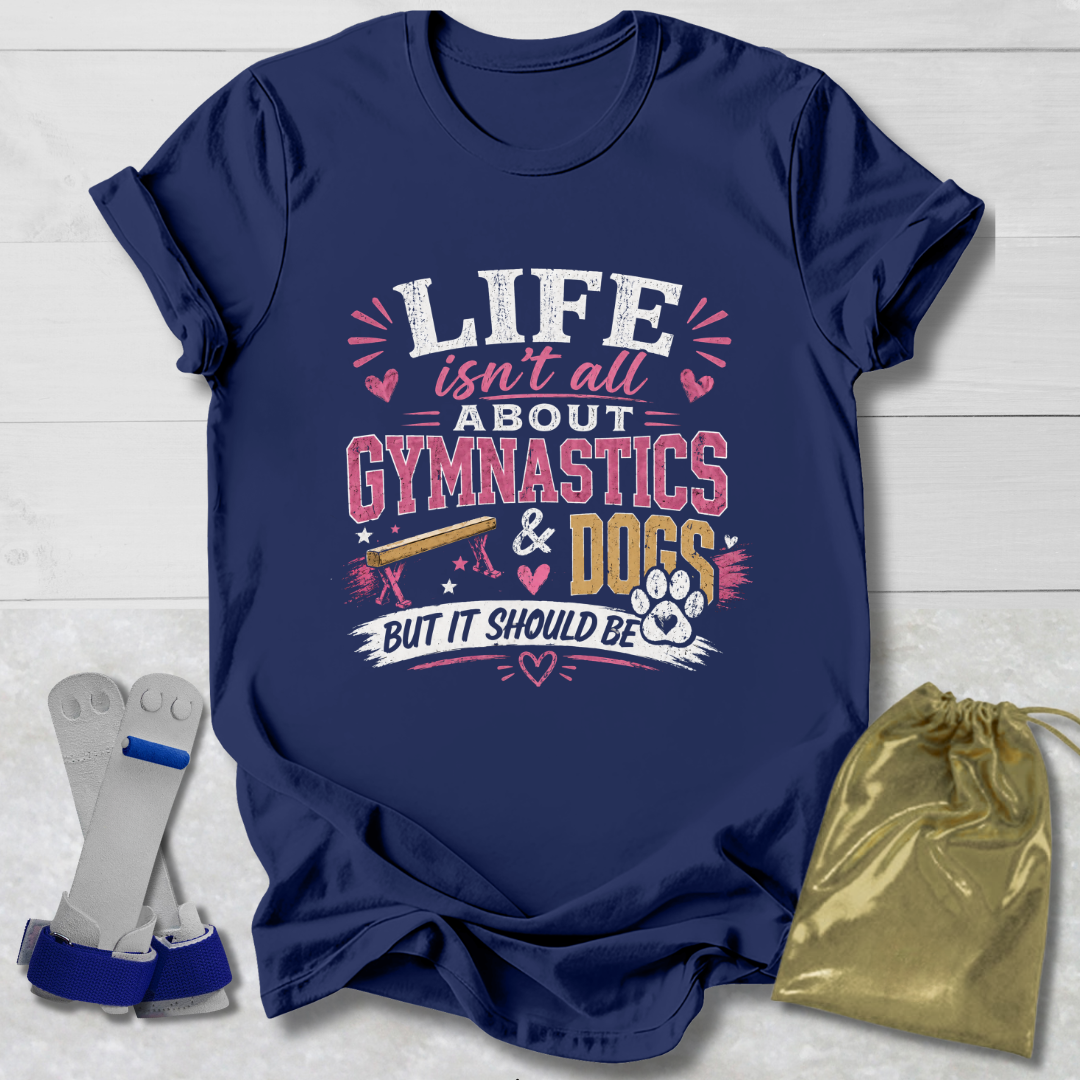 Navy blue t-shirt with colorful text design on a light wooden surface, accompanied by socks and a drawstring bag.