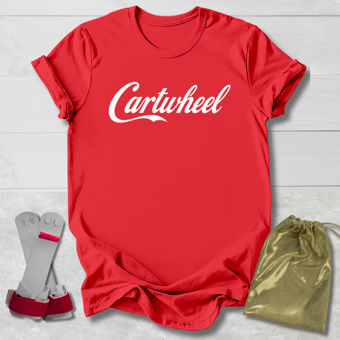 Red t-shirt with 'Cartwheel' logo, socks, and drawstring bag on a light wooden surface